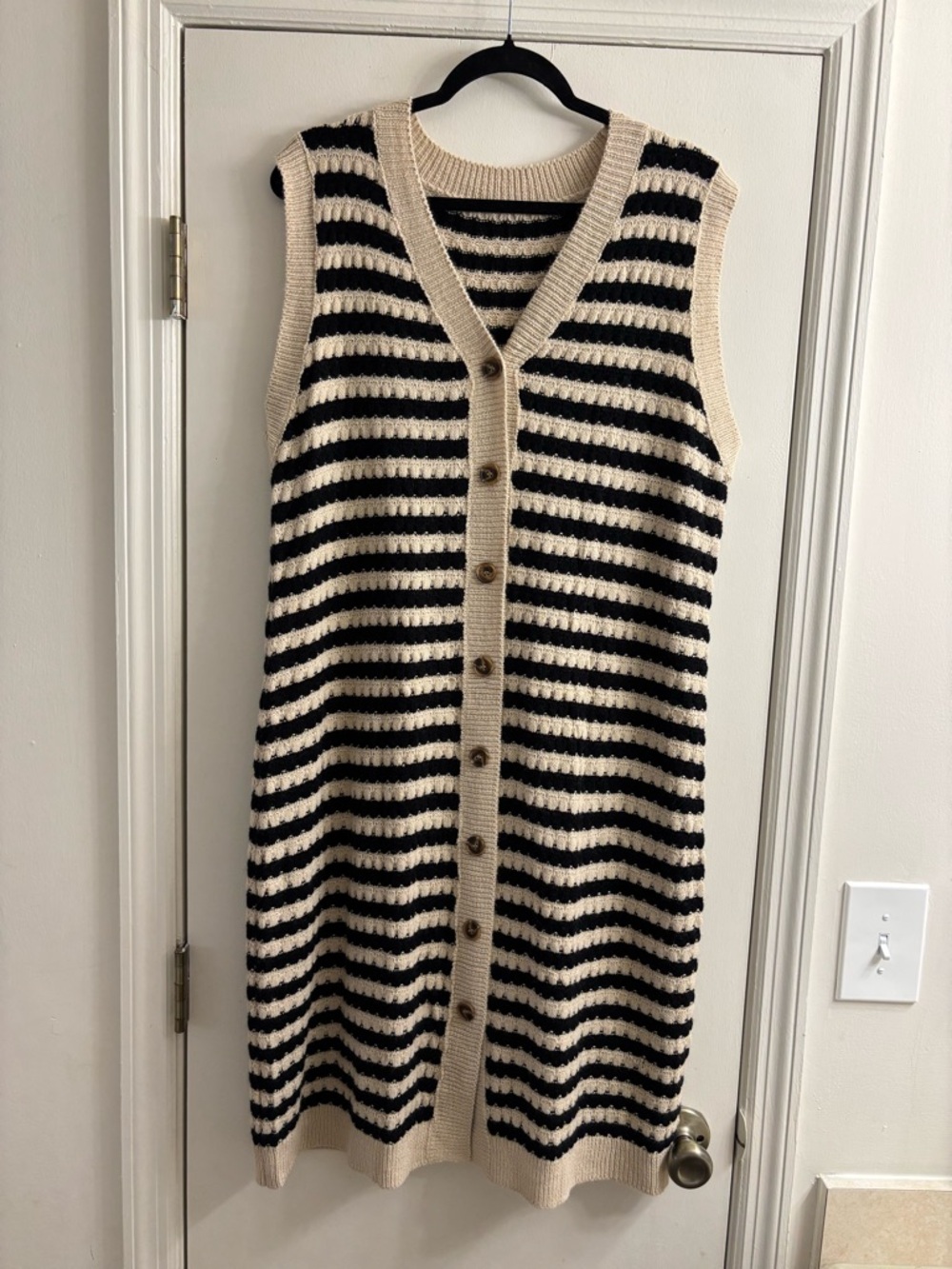 Striped Knit Button-Front Sweater Vest Dress - Cream & Black